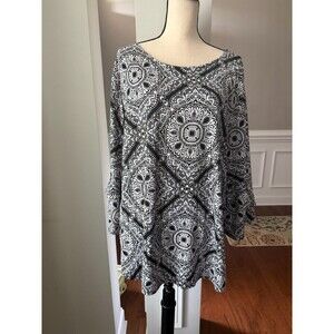 Ruby Rd Mandala Print Tunic Top w/Ruffled 3/4 Length Sleeves Black/White/Tan 3X